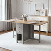 [Grey] Stovra Drop Leaf Dining Table fully extended with both leaves up, set for four with place settings, glasses, and a rose flower centrepiece