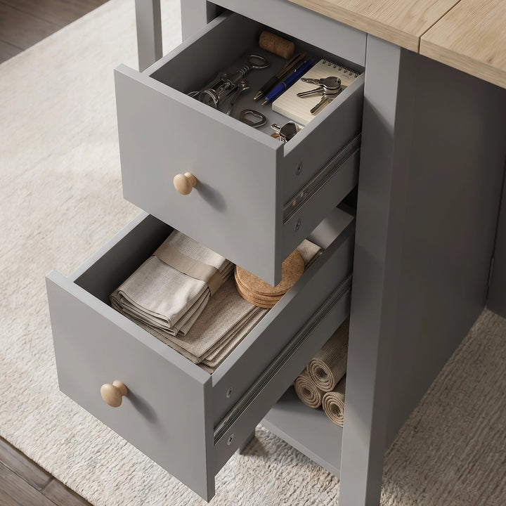 [Grey] Stovra Drop Leaf Dining Table both drawers open showing cutlery and stationery in top and linens below