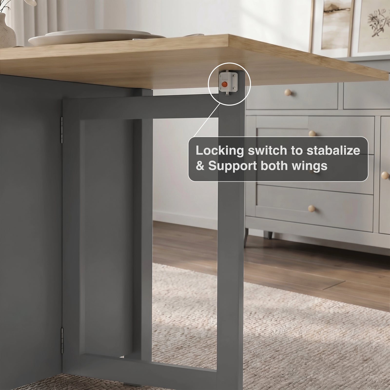 [Grey] Stovra Drop Leaf Dining Table locking switch mechanism callout showing wing stabiliser hardware close up