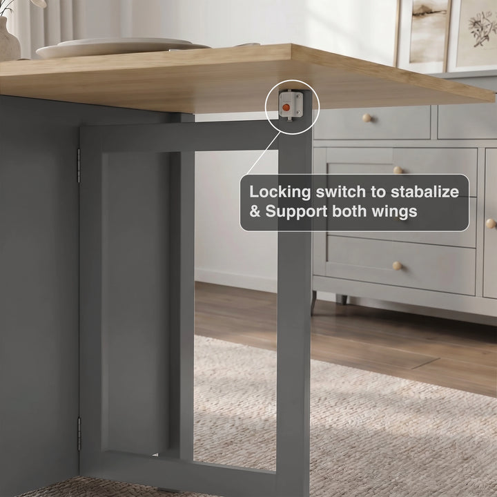 [Grey] Stovra Drop Leaf Dining Table locking switch mechanism callout showing wing stabiliser hardware close up