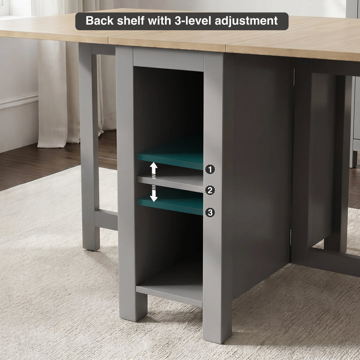 [Grey] Stovra Drop Leaf Dining Table back shelf detail showing 3-level height adjustment positions with arrows