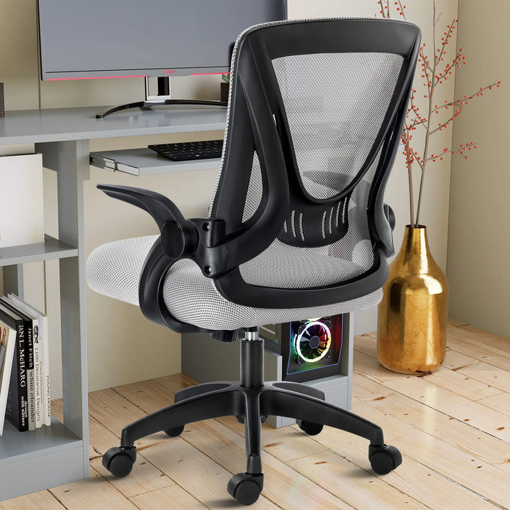 [Grey] Grey office chair with mesh backrest, offering ergonomic support for long work sessions at your workstation.