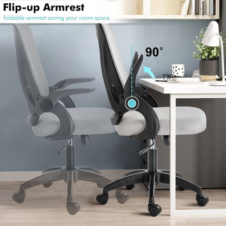 Spinny chair with flip-up armrests and adjustable height, perfect for small home offices.