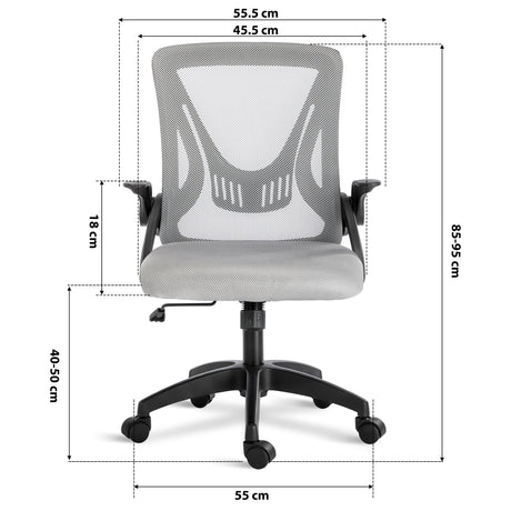 grey mesh chair dimension: 45.5cm seat width, 55cm wheelbase, adjustable 85–95cm height and mesh backrest.
