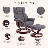 [Grey - Linen] upholstered recliner chair with matching footstool, surrounded by callout circles labeled for key features including high-back support, linen fabric, easy recline control, bentwood frame, swivel base, and matching footstool.