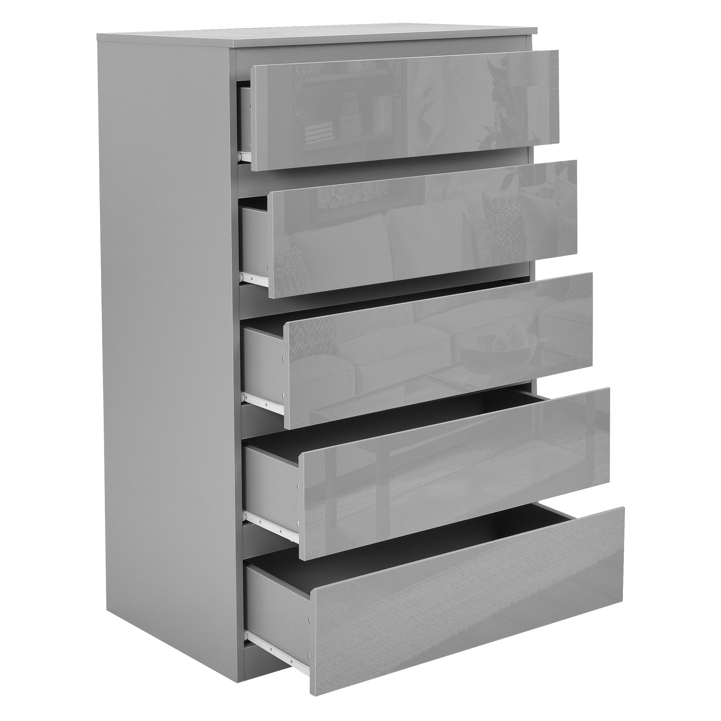 Grey tall chest of drawers, offering vertical storage with a contemporary and stylish design.