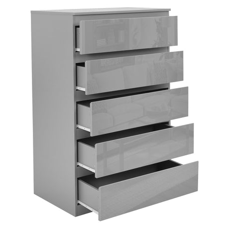 Grey tall chest of drawers, offering vertical storage with a contemporary and stylish design.