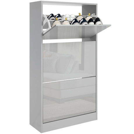 High gloss grey tall shoe storage with top compartment and bottom drawer