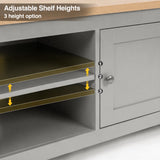 [Grey] Tavero corner TV unit adjustable shelf heights infographic showing 3 height options