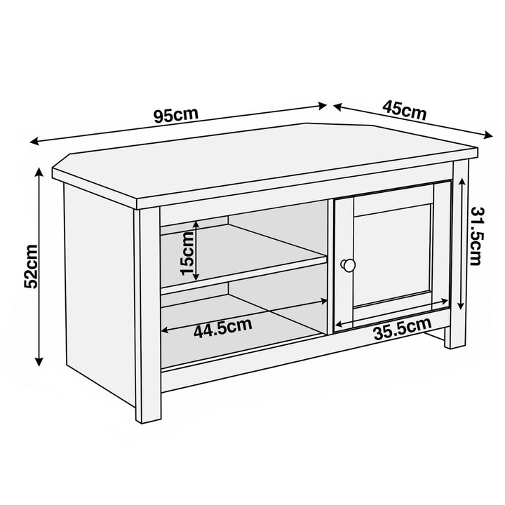[Grey] Tavero corner TV unit dimensions 95cm wide 45cm deep 52cm tall with 31.5cm cabinet interior