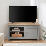 [Grey] Tavero Grey Corner TV Unit with Storage front view in white corner setting with oak top, two open shelves, shaker door and brushed nickel knob