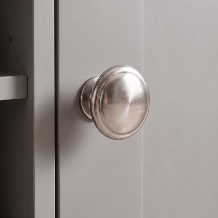 [Grey] Tavero corner TV unit metallic round knob handle close-up, quality hardware detail