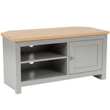 [Grey] Tavero corner TV unit on white background, full front view with open shelves and cabinet