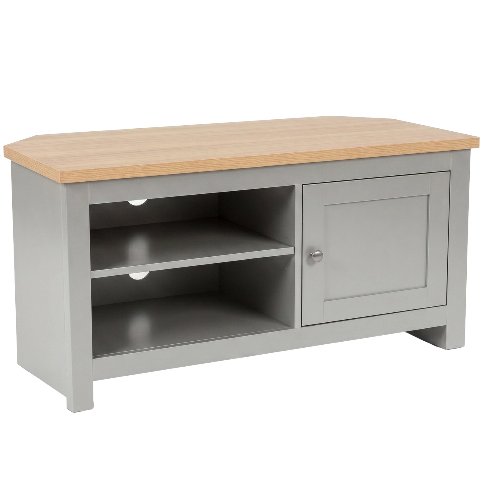 [Grey] Tavero corner TV unit on white background, full front view with open shelves and cabinet
