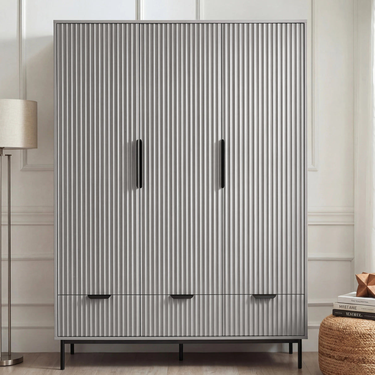 Grey flutrina 3 door wardrobe front elevation highlighting drawer layout and clean door lines