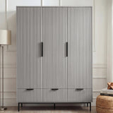Grey flutrina 3 door wardrobe front elevation highlighting drawer layout and clean door lines