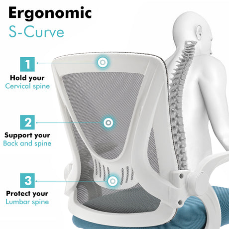 Grey and Tiffany blue ergonomic desk chair with lumbar support to reduce back strain during long working hours.
