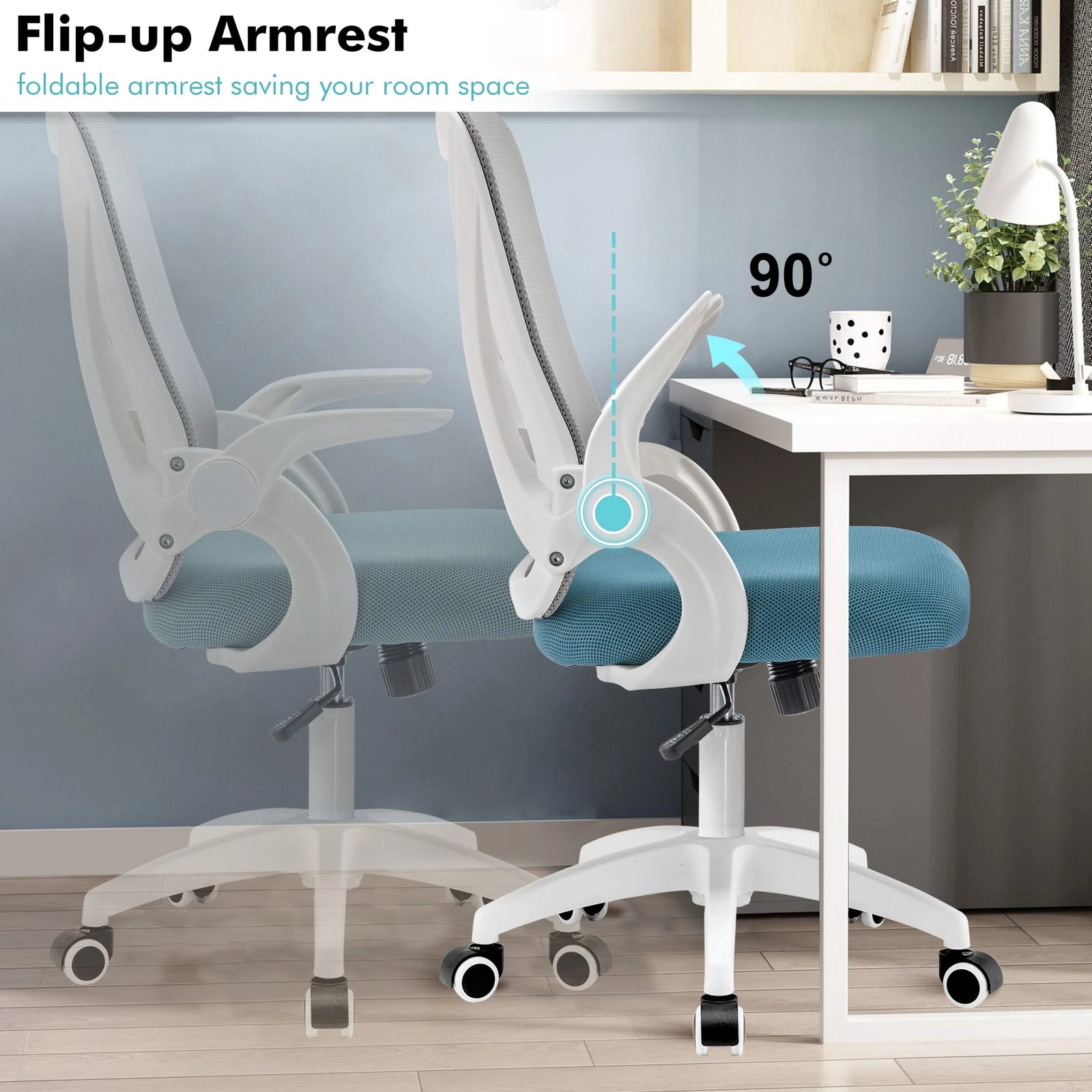 [Grey + Tiffany Blue] Grey and Tiffany blue swivel desk chair with flip-up armrests for saving space in your home office.