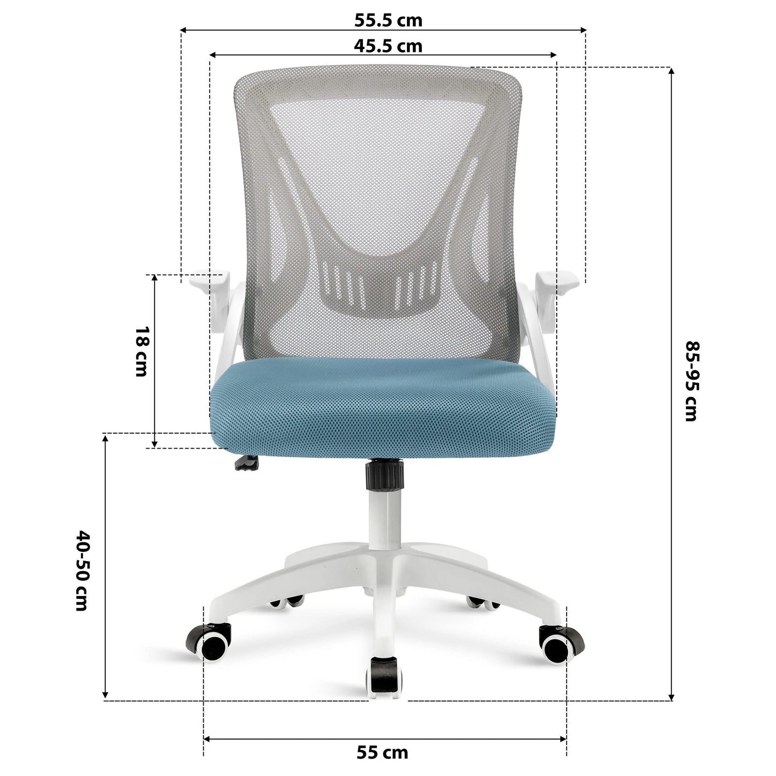 [Grey + Tiffany Blue] Grey+Tiffany blue computer chair dimension: 45.5cm seat width, 55cm wheelbase, adjustable 85–95cm height & mesh backrest.