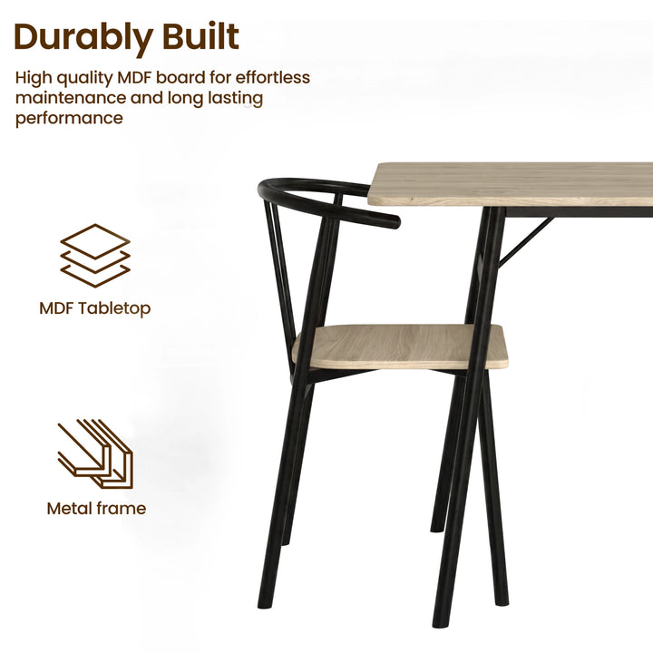 [Grey] Torvi detail graphic showing MDF tabletop edge, wood-grain chair seat, curved back, metal legs, and support brace.