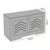 Grey storage bench with chevron pattern and measurements on a white background
