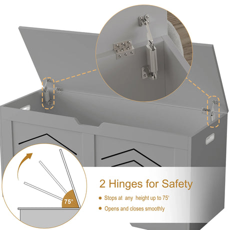 Toy Storage Box - Kids Storage Chest Blanket Box with Safety Hinges | DHS shown in grey with two safety hinges that stop lid at 75° angle.