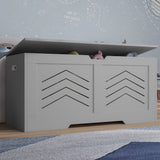 Storage Chest - Wooden Box With Lid For Blankets, Clothes or Toys in grey with arrow design, ideal for kids' toy storage in bedroom or playroom.