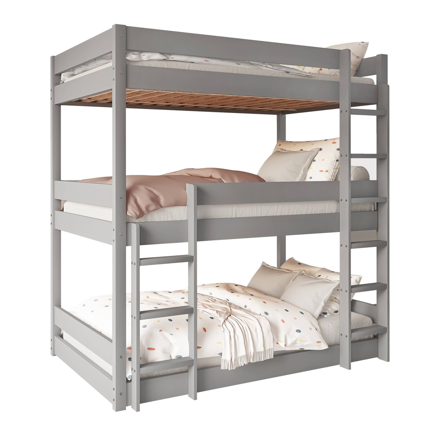 Grey wooden triple bunk bed with neutral bedding, featuring strong frame and vertical sleeping arrangement.