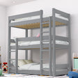 Grey bunk bed with white bedding in a room setting