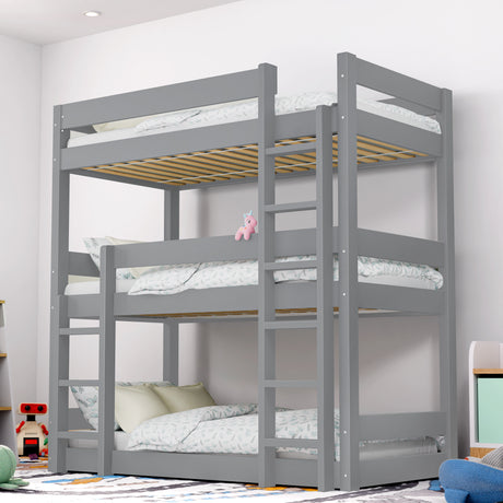 Grey bunk bed with white bedding in a room setting