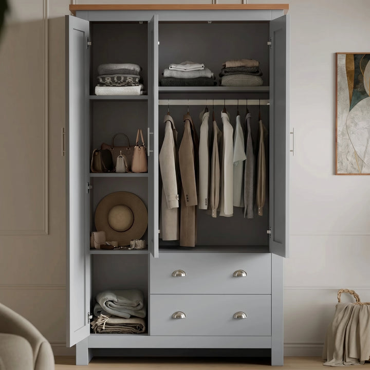 [Grey] Shaker Triple Wardrobe With Drawers And Shelves open revealing hanging clothes, shelves, and hats.