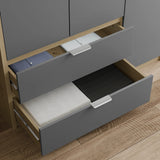 Gray drawer with a cushioned seat on a wooden floor