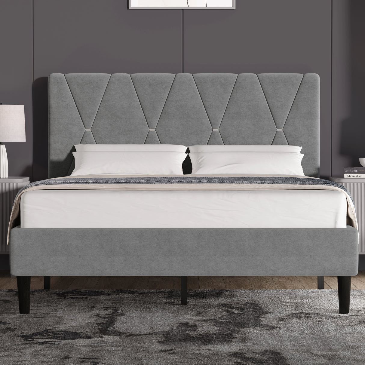 Velvet upholstered bed frame in grey with tall adjustable headboard, ideal for modern bedrooms. Available in double and king sizes with UK delivery.