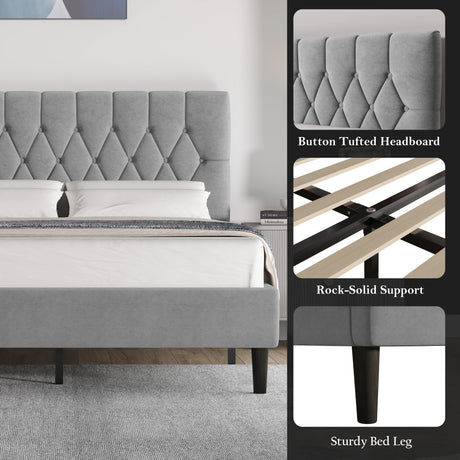Velvet bed frame double & king size with adjustable button-tufted headboard in grey, featuring sturdy legs and rock-solid slat support | DHS