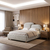 [Double | Grey] Side-angle shot grey double ottoman bed frame with a blanket on a woven rug and window