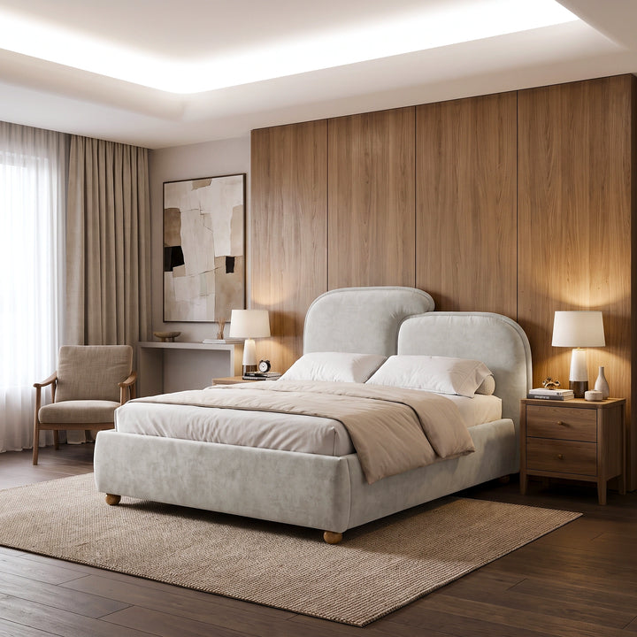 [Double | Grey] Side-angle shot grey double ottoman bed frame with a blanket on a woven rug and window