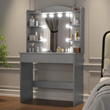 Grey dressing table with mirror and LED lights, featuring 5 side shelves and 1 large drawer, ideal for bedroom vanity setups. DHS makeup vanity desk with adjustable lighting.