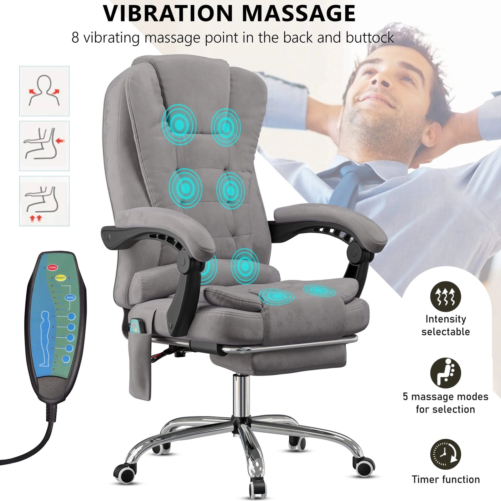 [Grey Velvet] massage office chair in grey velvet with massage points marked and remote control shown in close-up