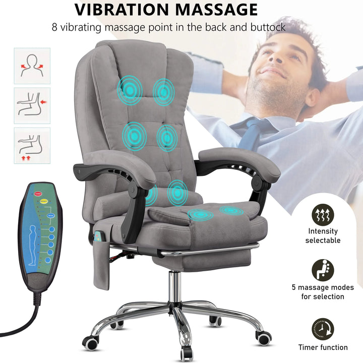 [Grey Velvet] massage office chair in grey velvet with massage points marked and remote control shown in close-up