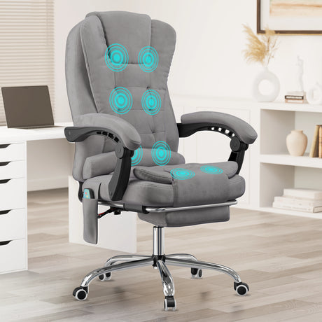 stylish grey velvet swivel desk chair with footrest and lumbar support shown in a modern home office corner