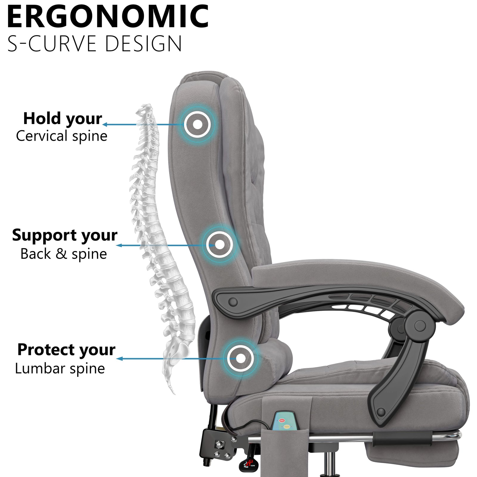 [Grey Velvet] ergonomic desk chair in grey velvet showing S-curve lumbar design for posture correction and spine support