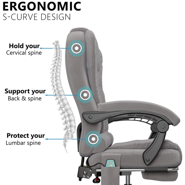 [Grey Velvet] ergonomic desk chair in grey velvet showing S-curve lumbar design for posture correction and spine support