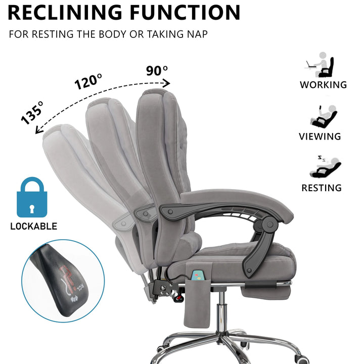 [Grey Velvet] reclining massage chair in grey velvet with back angle display and inset showing knob for easy reclining