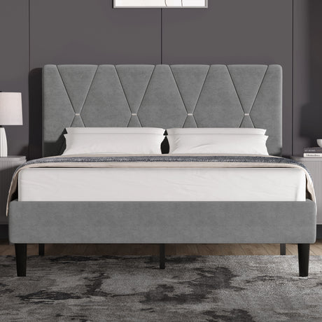 Velvet upholstered bed frame in grey with tall adjustable headboard and black wooden legs, ideal for modern double size bedrooms.