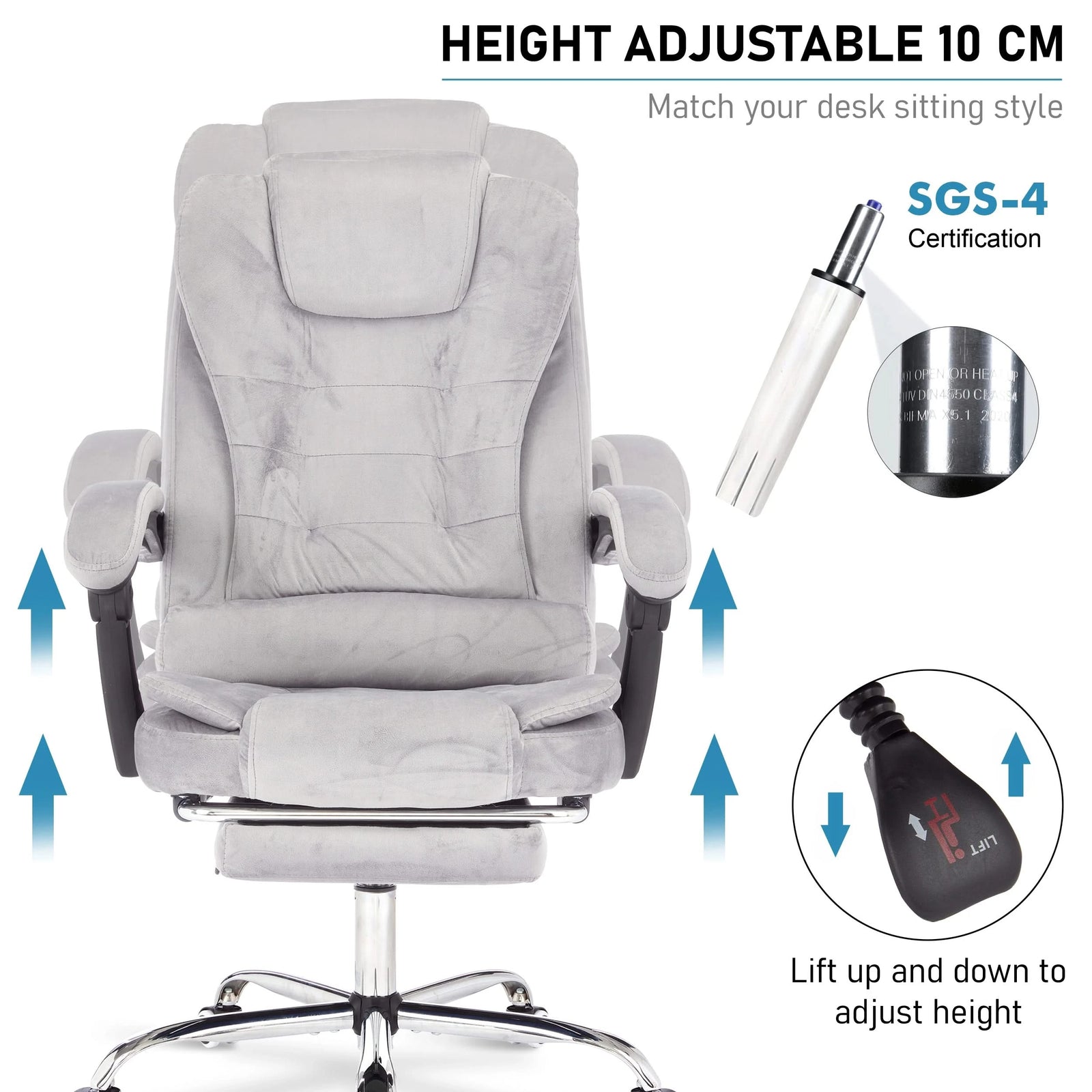 [Grey Velvet] Swivel recliner chair UK with 10cm height adjustment, ergonomic design, and velvet upholstery.