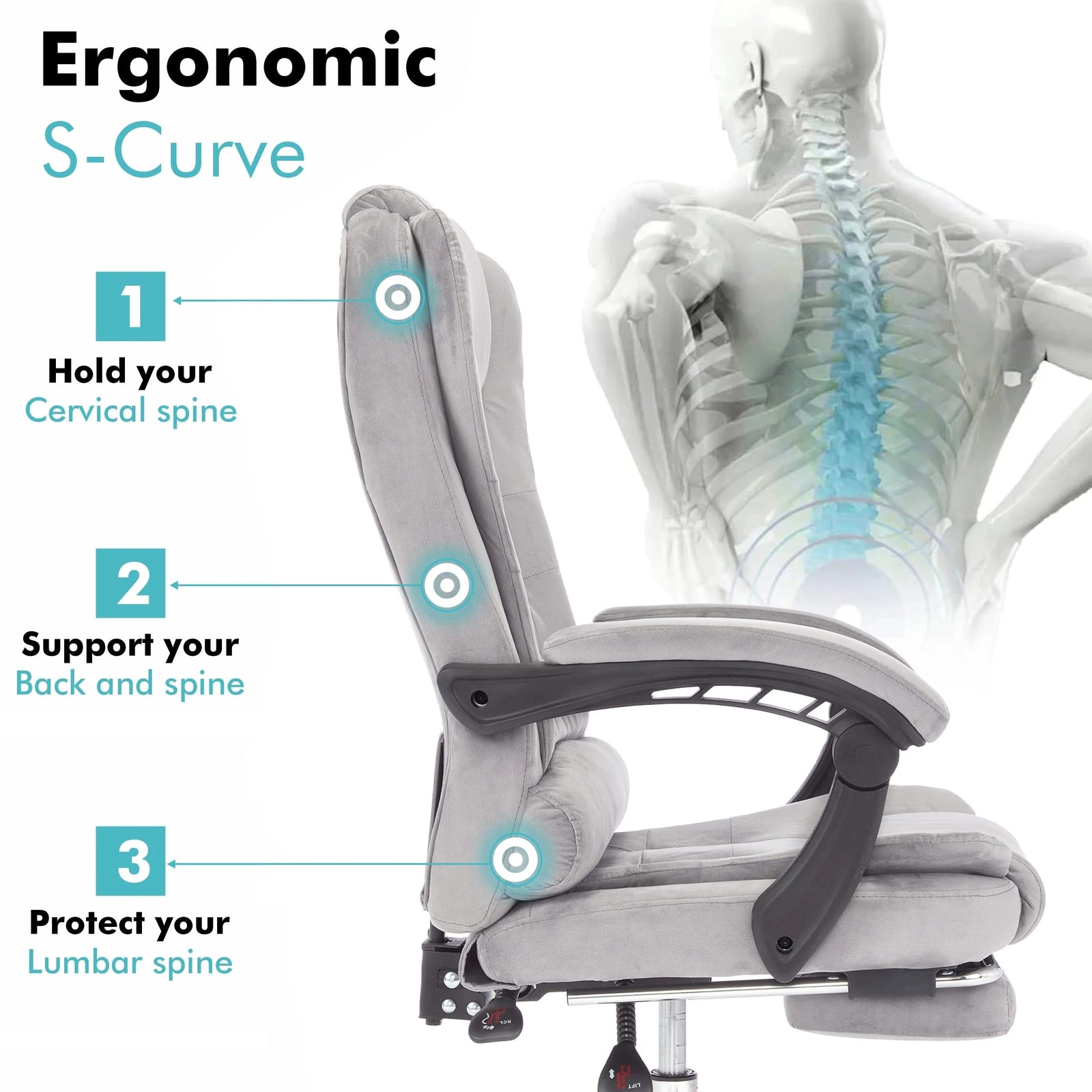 [Grey Velvet] S-curve grey velvet linen swivel recliner chair with ergonomic back support and modern design.