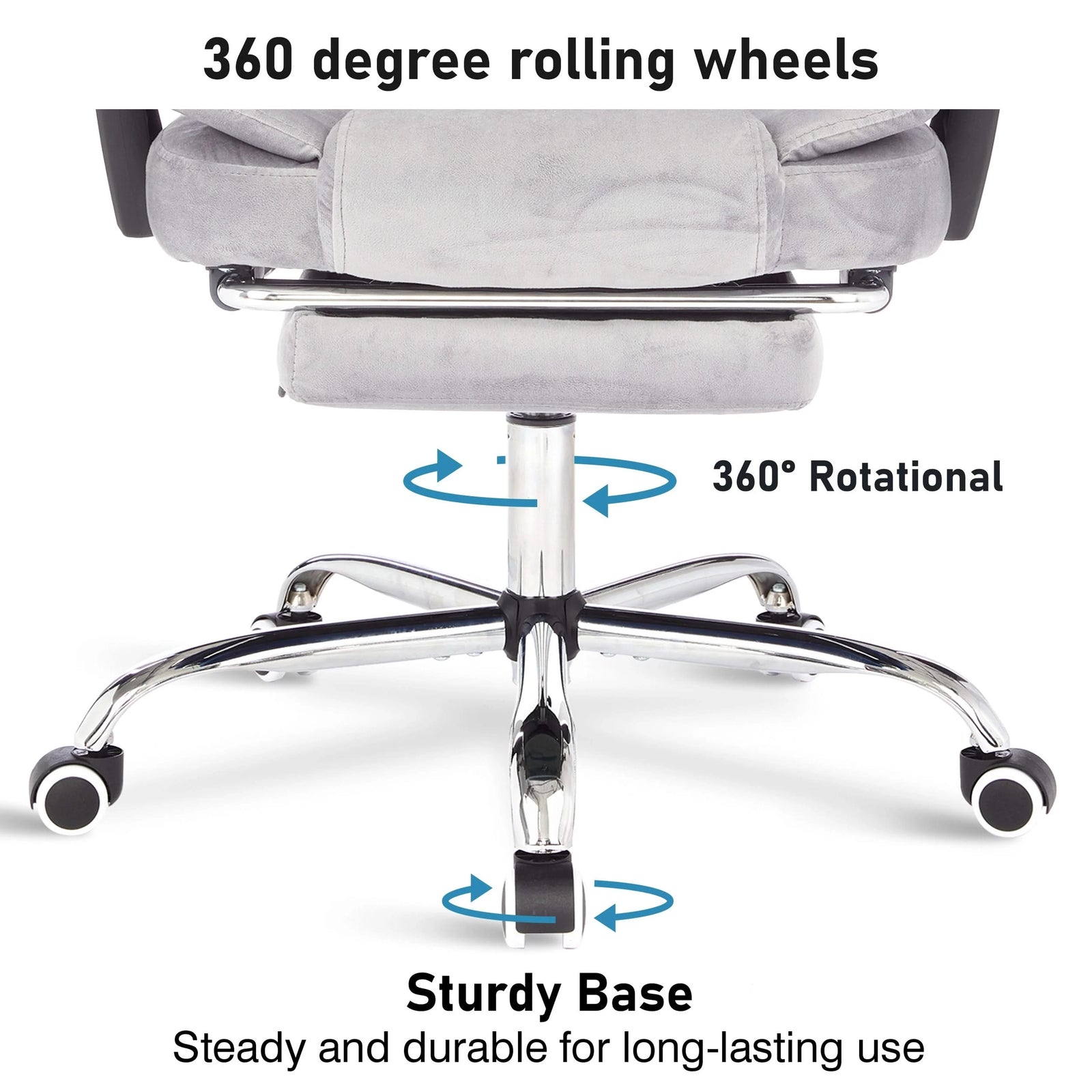 [Grey Velvet] Swivel and recliner chair with 360-degree rolling wheels for smooth mobility and ergonomic comfort