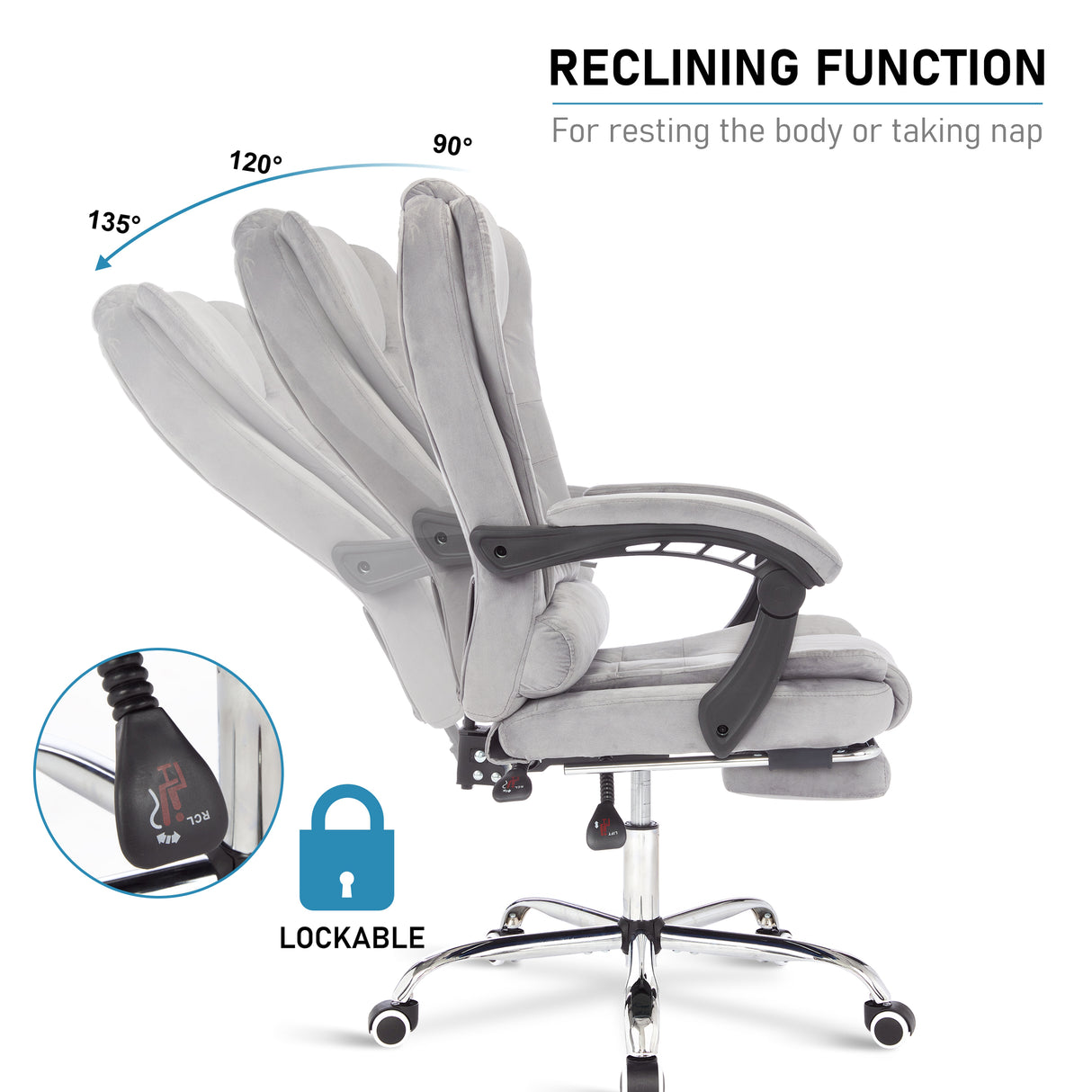 Grey velvet linen swivel reclining function chair with ergonomic design and adjustable comfort.