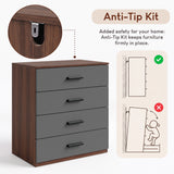 [Walnut] Grey and walnut 4-drawer chest featuring anti-tip safety wall attachment kit for tipping prevention in home spaces