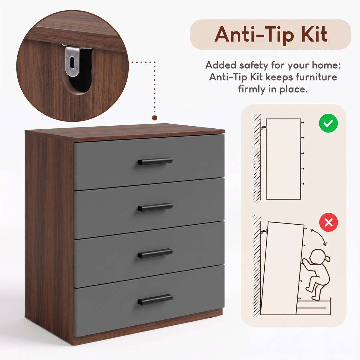 [Walnut] Grey and walnut 4-drawer chest featuring anti-tip safety wall attachment kit for tipping prevention in home spaces